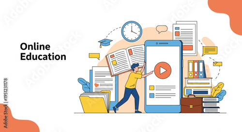 Online education and digital learning concept showing a student using various tools and resources through a smartphone.
