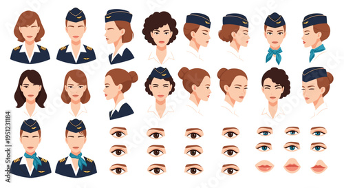 Flight attendant character creator kit featuring various facial expressions, hairstyles, eyes, and mouths for customization.