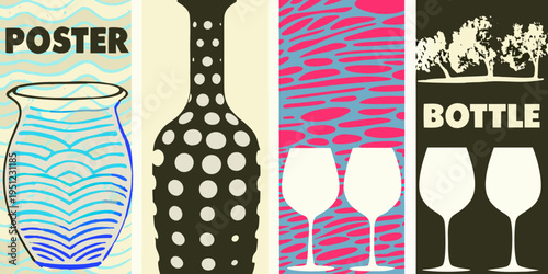 A retro poster design featuring various vases bottles and wine glasses