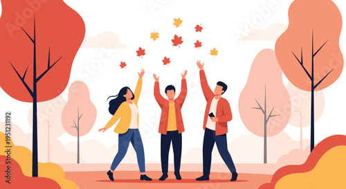 Group of happy young people enjoying a beautiful autumn day by throwing falling colorful leaves in a forest park.