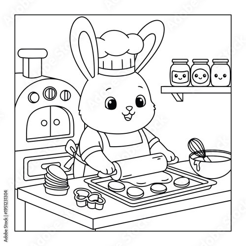 Easter coloring page with cute rabbit baking cookies in a cozy cartoon kitchen scene