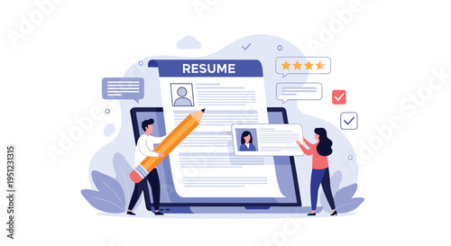 HR professionals and job seekers working together to create a professional online resume on a giant laptop screen.