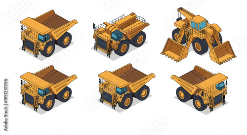 Isometric set of powerful heavy vehicles for mining and construction including giant dump trucks and excavators.
