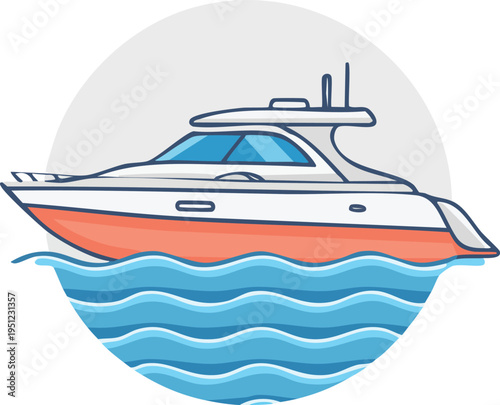 Minimal line icon of a speed boat moving on water waves, marine transport symbol