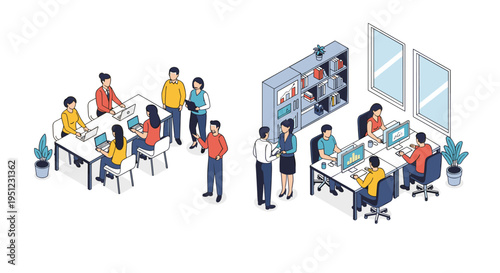 Isometric view of a busy corporate office workspace with employees working at desks and collaborating in teams.