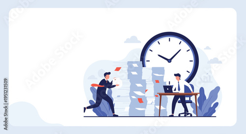 Office workers rushing to meet tight deadlines represented by a giant clock and massive piles of blue paperwork.