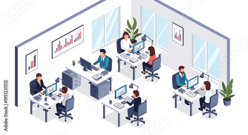 Busy isometric office environment showing employees working at their computer desks and analyzing business charts.
