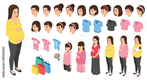 Comprehensive set for pregnancy and baby care featuring a pregnant woman, baby clothes, accessories, and gift bags.