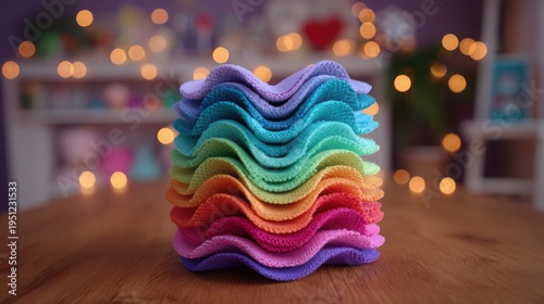 A vibrant stack of pliable rainbow fabric shapes displaying a wavy layered pattern, perfect for creative projects and crafting.