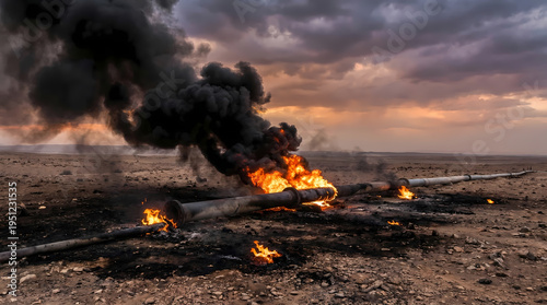 Oil Crisis Fire in Desert Pipeline Energy Disaster Scene
