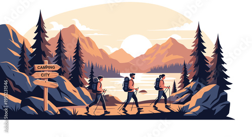 Group of hikers with backpacks and poles trekking through a beautiful pine forest landscape with mountains and lake.