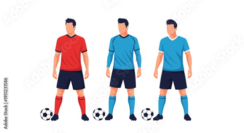 Set of three male soccer players standing with footballs wearing red, navy blue, and light blue sports uniforms.