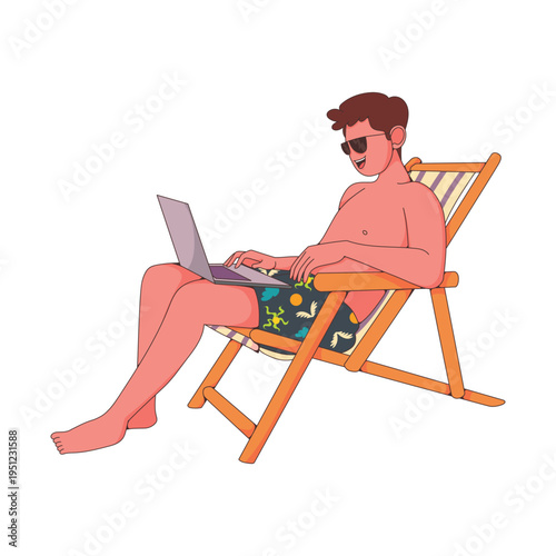 A chic young man working on his laptop while relaxing on a sun lounger at the beach. Concept of digital nomad lifestyle, remote work, career independence, and success.