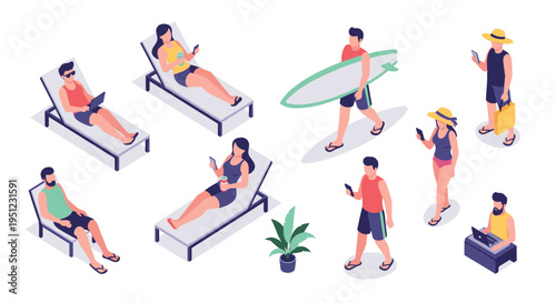 Isometric scene of various people enjoying activities at the beach such as sunbathing, surfing, and remote work.