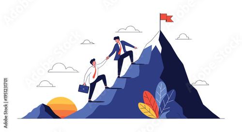 Concept of leadership and professional support showing one businessman helping another to climb a steep mountain.