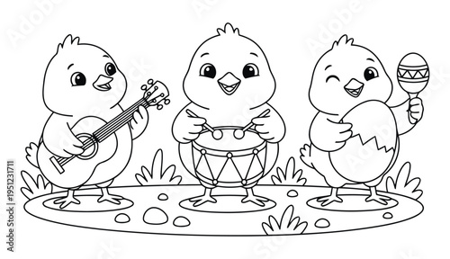 Easter chicks coloring page playing guitar drum and maraca in festive scene