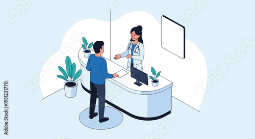 Patient consulting with a female doctor at a modern clinic reception desk during a medical appointment or health checkup.