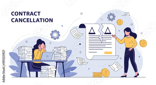 Legal concept of contract cancellation showing a torn document and a frustrated employee overwhelmed by paperwork and legalities.