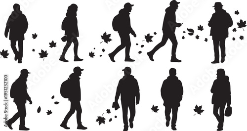 Silhouettes of people walking in various autumn poses freely