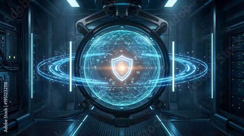 Futuristic data center room with a glowing digital shield and global network hologram representing cyber security protection and advanced cloud computing infrastructure