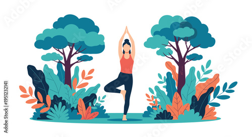 Woman practicing yoga in a tree pose amidst a lush green jungle environment filled with tropical plants and trees.