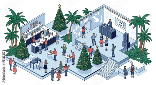 Lively office Christmas party with employees dancing, enjoying drinks at a bar, and celebrating around decorated trees.