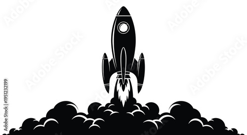 A striking black and white illustration depicts a rocket ascending amidst billowing smoke and fiery exhaust plumes high quality professional detailed