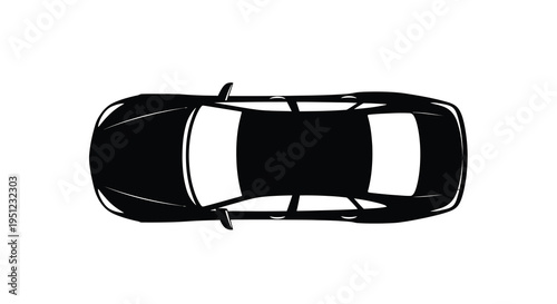 A minimalist black and white illustration depicts a modern car viewed from directly overhead showcasing its sleek design high quality professional
