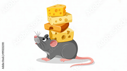 Cute cartoon mouse balancing a stack of cheese slices funny illustration for food concepts isolated on white background