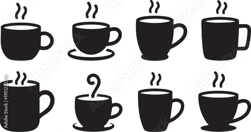 Eight black silhouettes of steaming cups of coffee or tea on transparent background