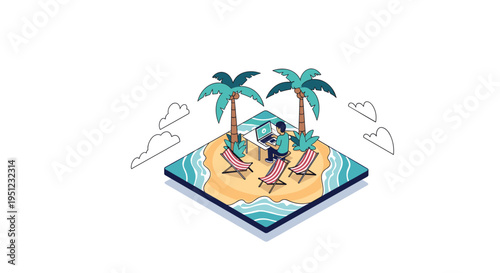 Freelance professional man works remotely on a laptop while sitting at a desk on a tiny tropical island with palm trees and ocean waves.