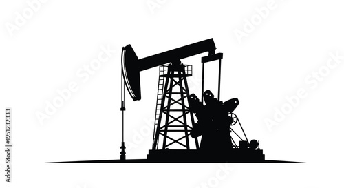 A stark silhouette depicts a traditional oil pump rig against a plain white background symbolizing energy extraction high quality