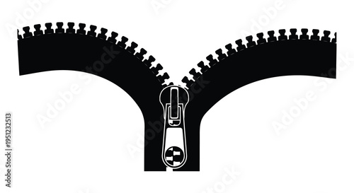 A stark black and white illustration depicts a partially open zipper with a visible slider and teeth high quality professional detailed