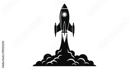 A striking black silhouette depicts a rocket launching with intense flames and smoke symbolizing space exploration high quality professional