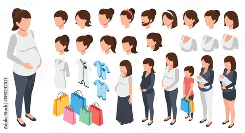 Comprehensive isometric character set featuring different stages of pregnancy, mothers with babies, and various maternity clothing and accessories.