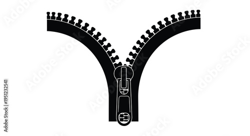 A stark black and white illustration depicts a partially open zipper with visible teeth and slider high quality professional detailed modern