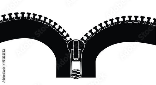 A stark black and white illustration depicts a partially open zipper showcasing its mechanical components and graphic form high quality professional