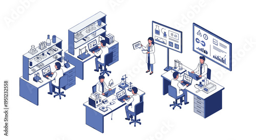 Busy scientific research laboratory scene featuring a team of scientists in white coats working with lab equipment and data analysis.