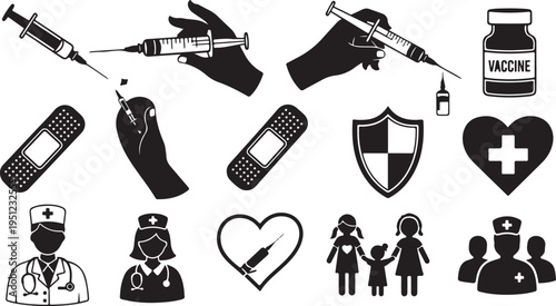 Medical icons and vaccination symbols for health and safety