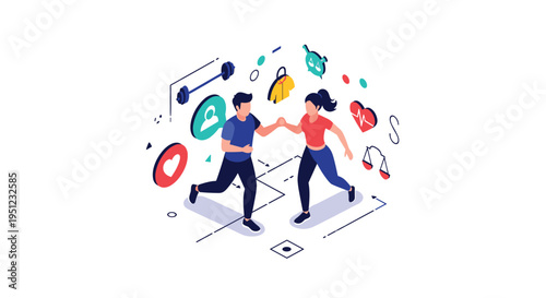 Healthy lifestyle concept featuring a man and woman running together surrounded by various fitness, nutrition, and wellness icons.