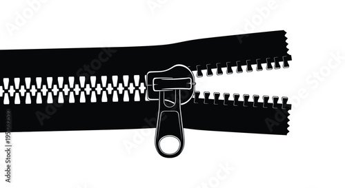 A stark black and white illustration depicts a partially unzipped zipper showcasing its teeth and slider high quality professional detailed modern
