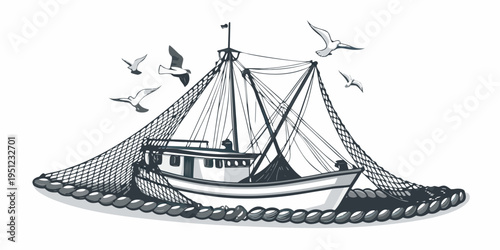 Vintage illustration of a fishing boat with a large net and seagulls
