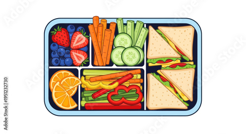 Healthy Kids Lunchbox with Sandwiches, Fruits, and Vegetables