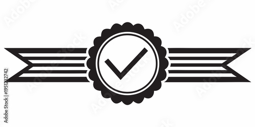 Black and white emblem featuring a checkmark within an ornate frame