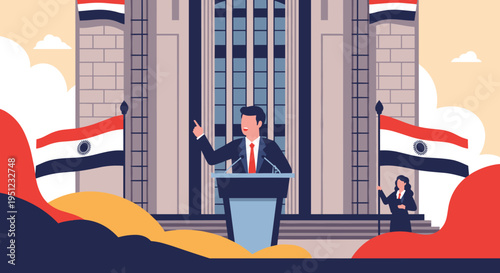 Powerful politician or world leader delivering a passionate speech from a podium in front of a government building with national flags.