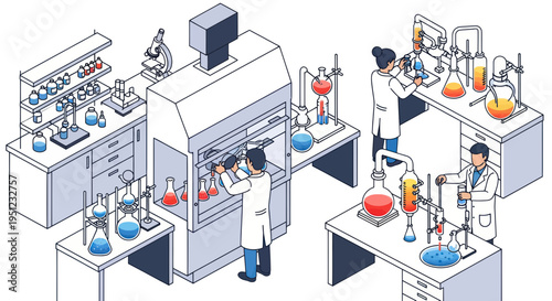 Scientists working in a modern chemistry laboratory with equipment and experiments