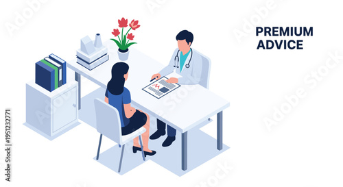Premium medical advice concept showing a doctor and a female patient sitting at a desk during a professional healthcare consultation.