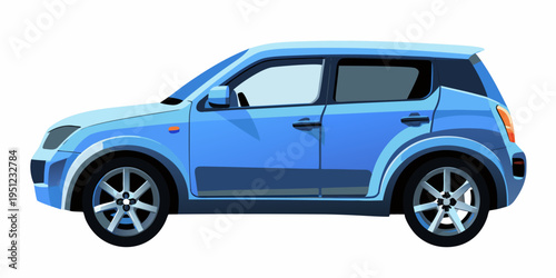 A light blue compact car is shown in a side profile view