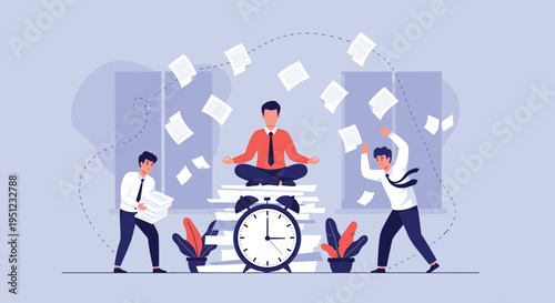 Business professional meditating in a lotus position on a stack of papers to find peace and focus during a stressful and busy workday.