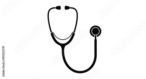 A simple black silhouette depicts a traditional medical stethoscope representing healthcare and diagnostics high quality professional detailed modern elegant